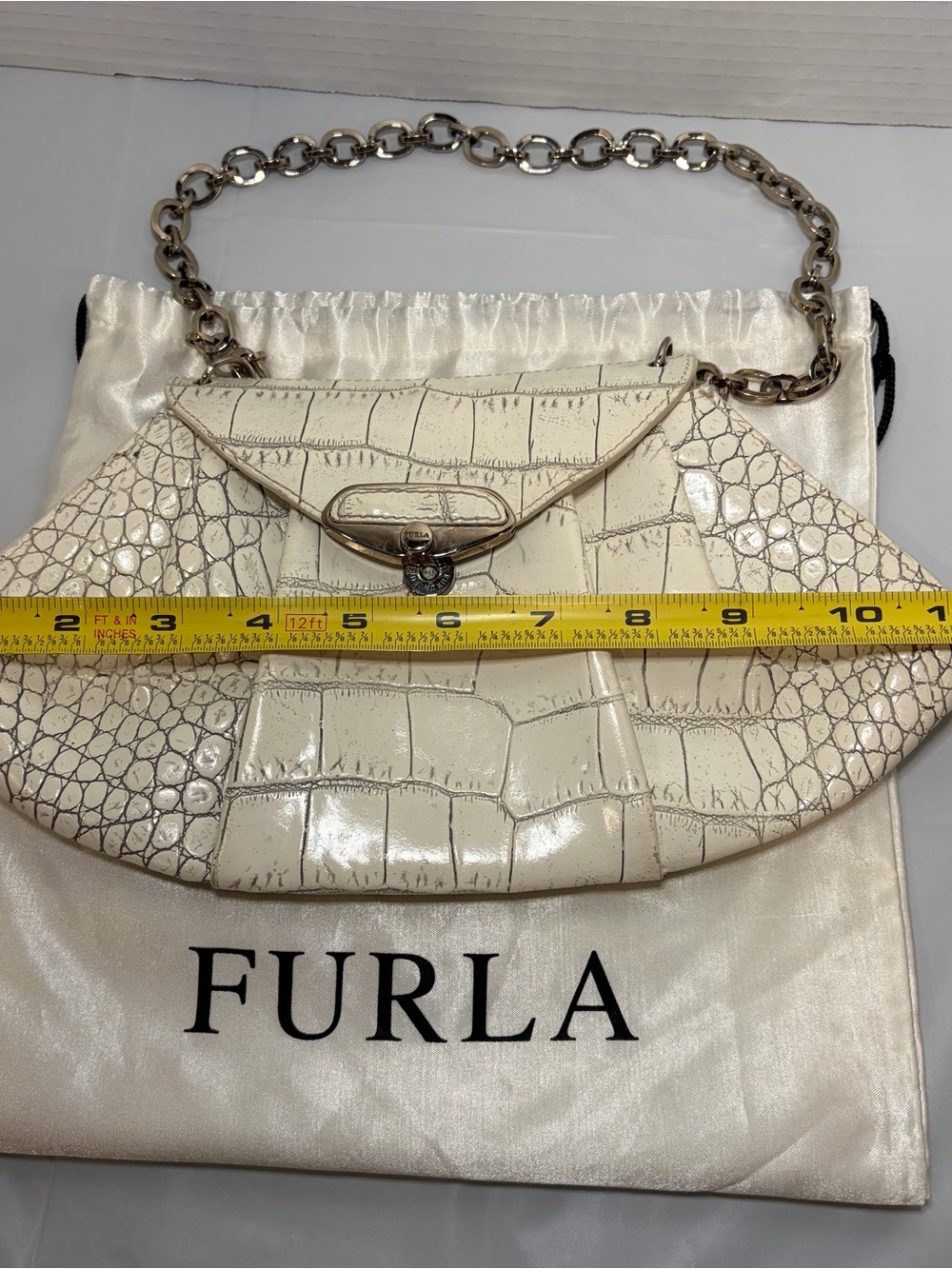 Furla Croc-Embossed Off White Shoulder Bag with Chain Strap - Picture 2 of 8